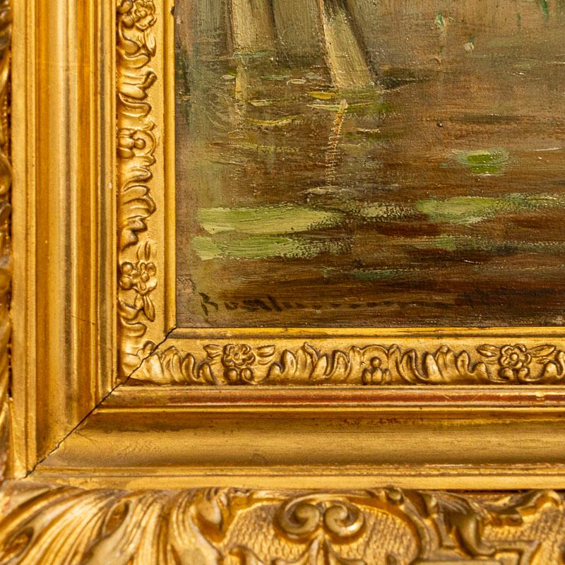 This endearing oil painting on panel portrays two cows standing among lily pads. Enlarge the photos to appreciate the the lovely brush strokes and other details, including the birds in the upper right corner. On the back panel you will see a stamp