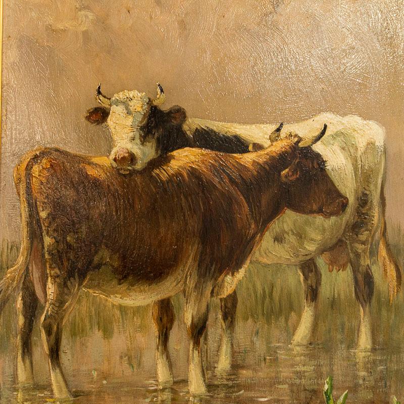 19th Century Antique Original Oil on Panel Painting of Cows Among Lily Pads