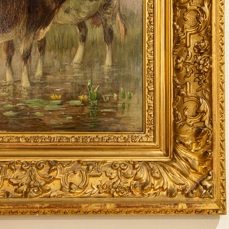 Antique Original Oil on Panel Painting of Cows Among Lily Pads 1