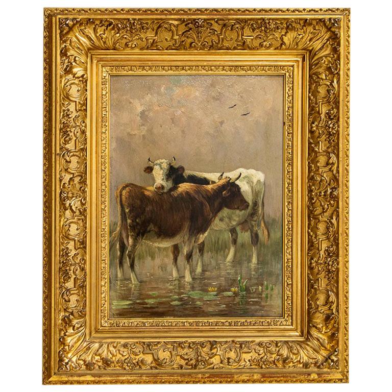 Antique Original Oil on Panel Painting of Cows Among Lily Pads
