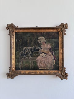 Antique Original Oil Painting of a Woman with Dogs in the Park, circa 1880