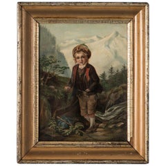 Antique Original Oil Painting of a Young Boy in German Alpine Scene