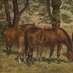 Antique Original Oil Painting of Horses Grazing, Signed Carl Hertz
