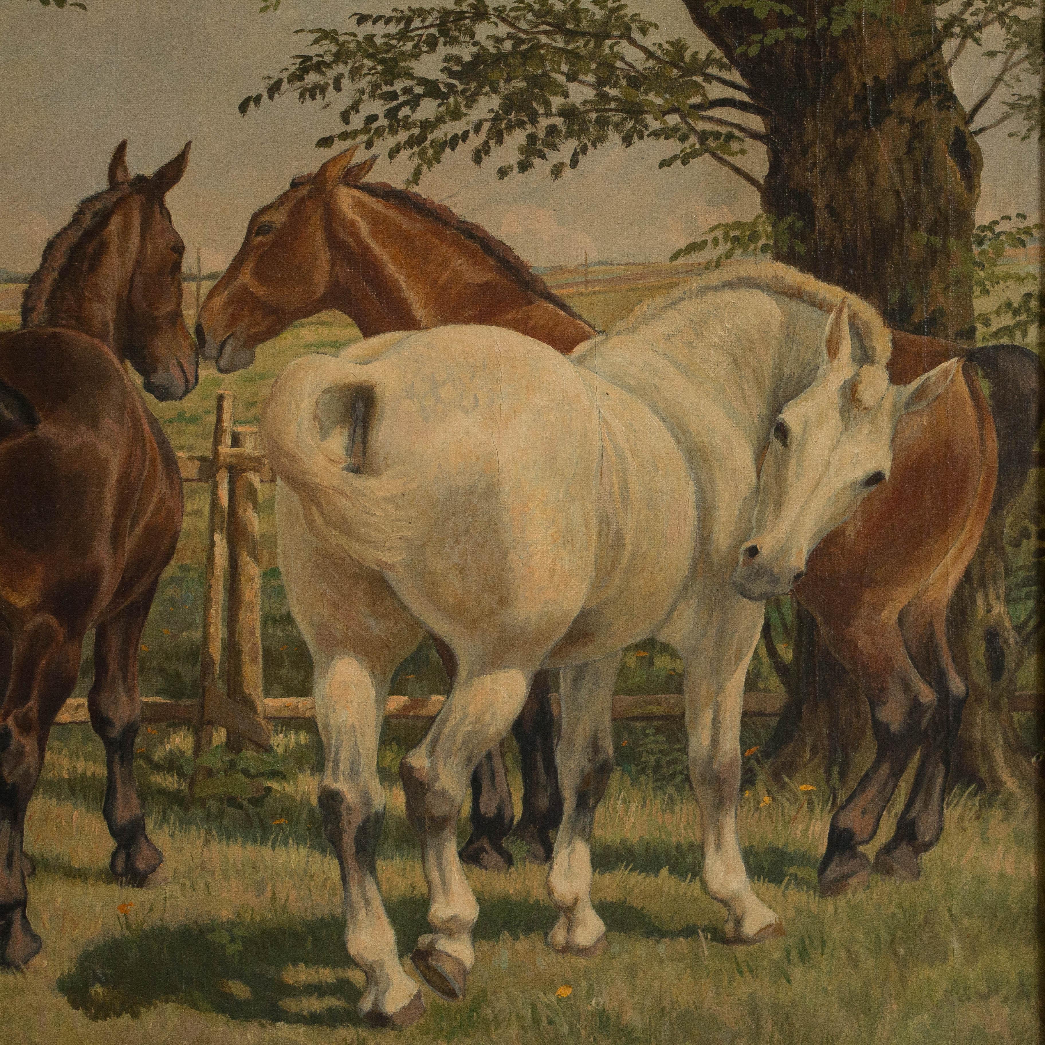 Danish Antique Original Oil Painting of Horses Grazing, Signed Carl Hertz