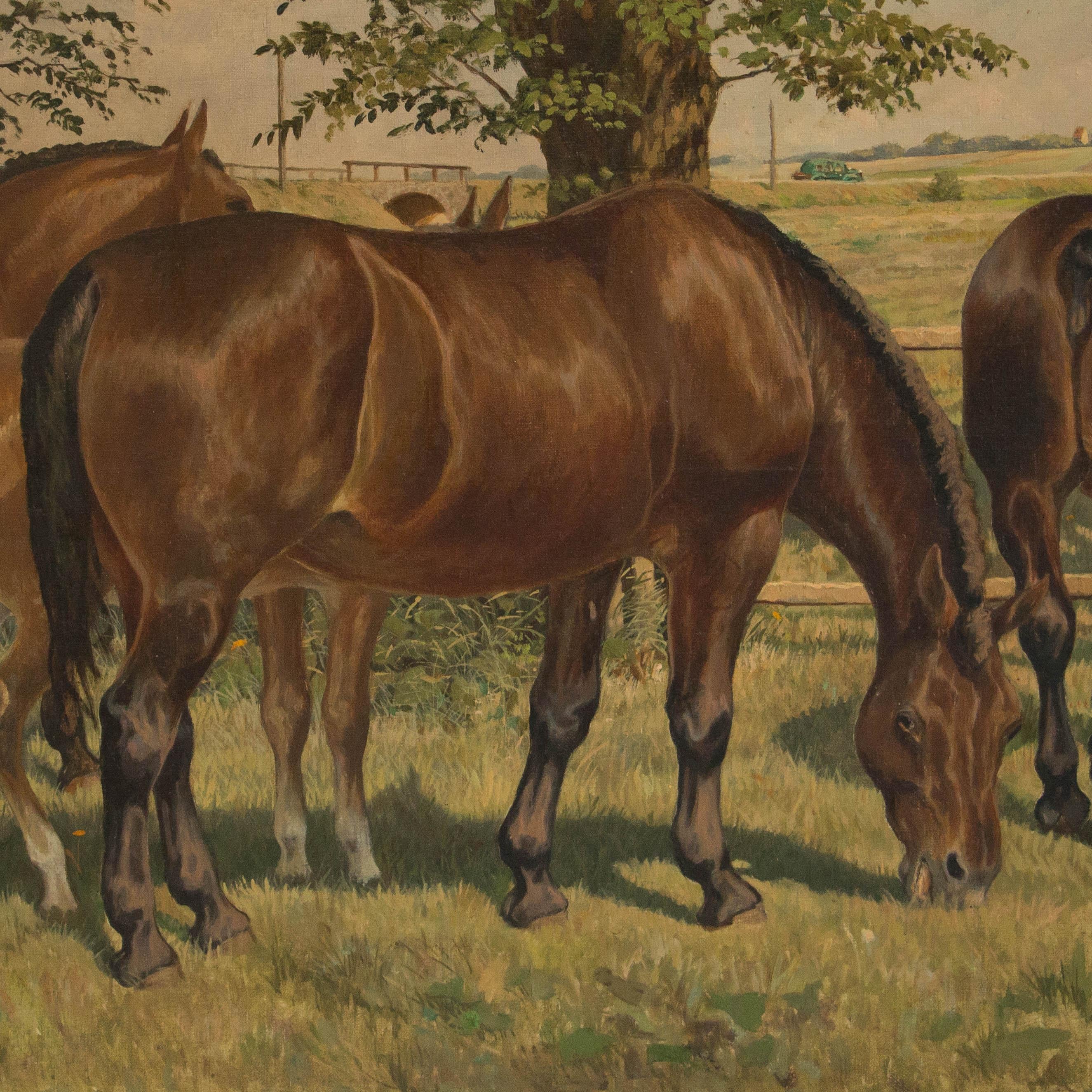 Antique Original Oil Painting of Horses Grazing, Signed Carl Hertz In Good Condition In Round Top, TX