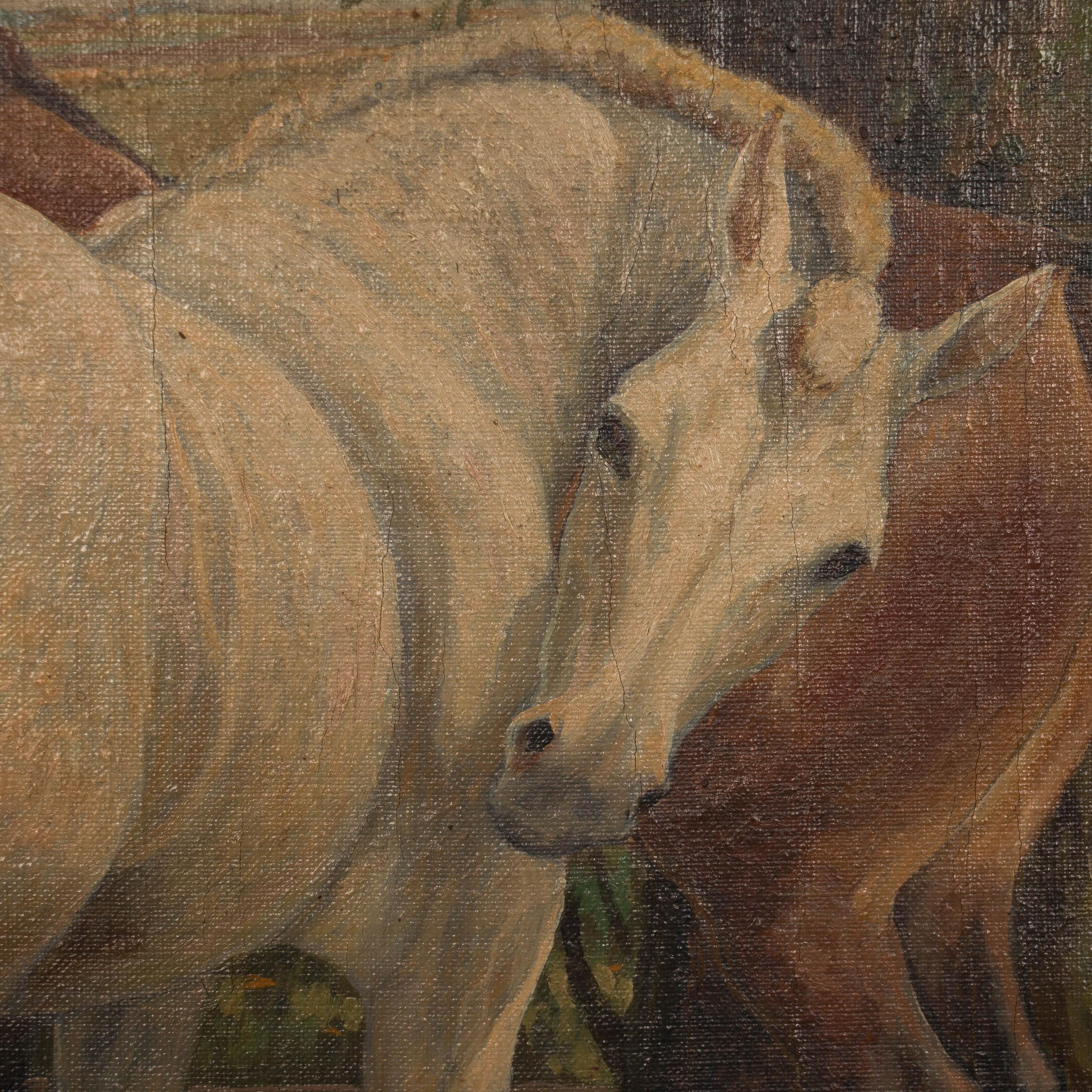 19th Century Antique Original Oil Painting of Horses Grazing, Signed Carl Hertz
