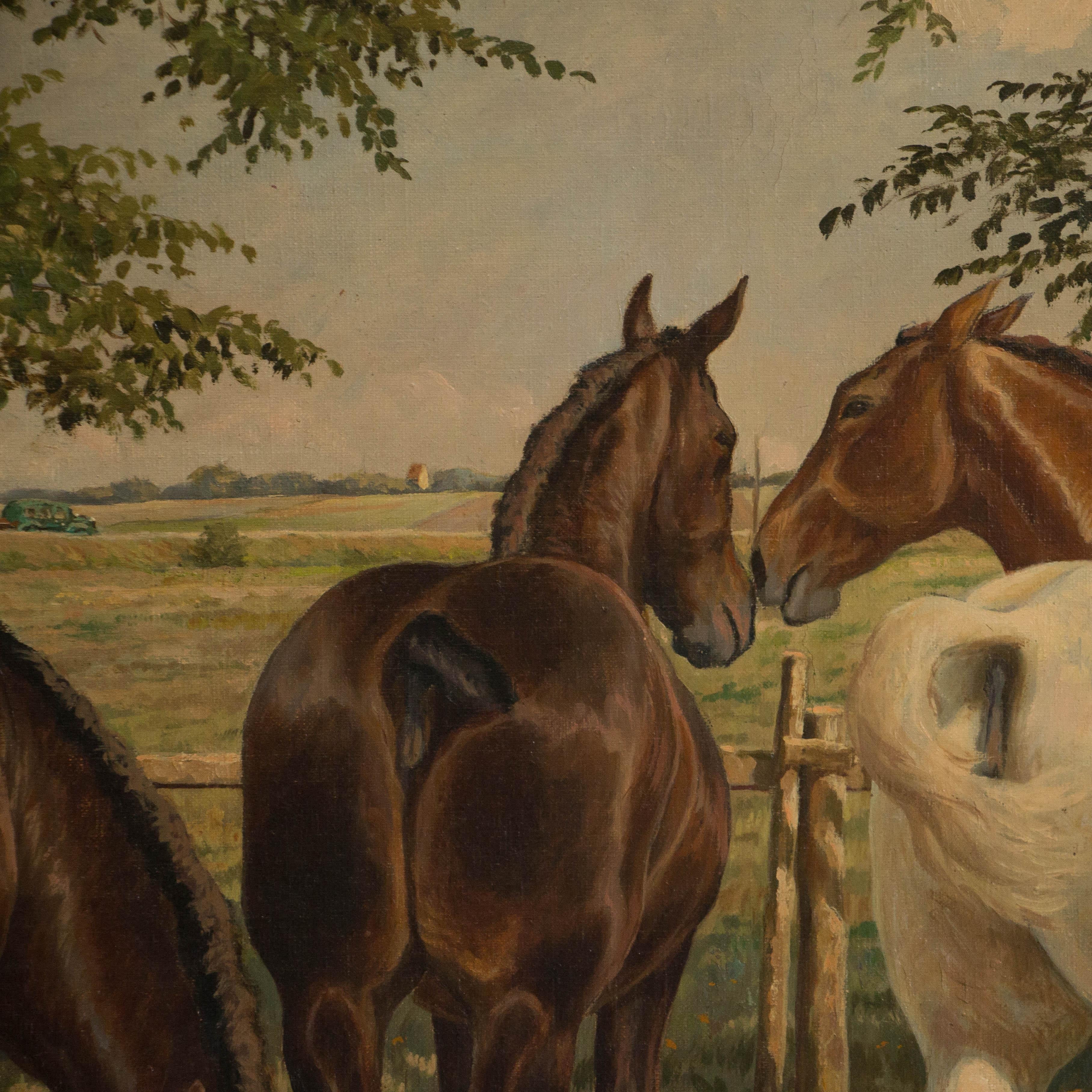 Antique Original Oil Painting of Horses Grazing, Signed Carl Hertz 1