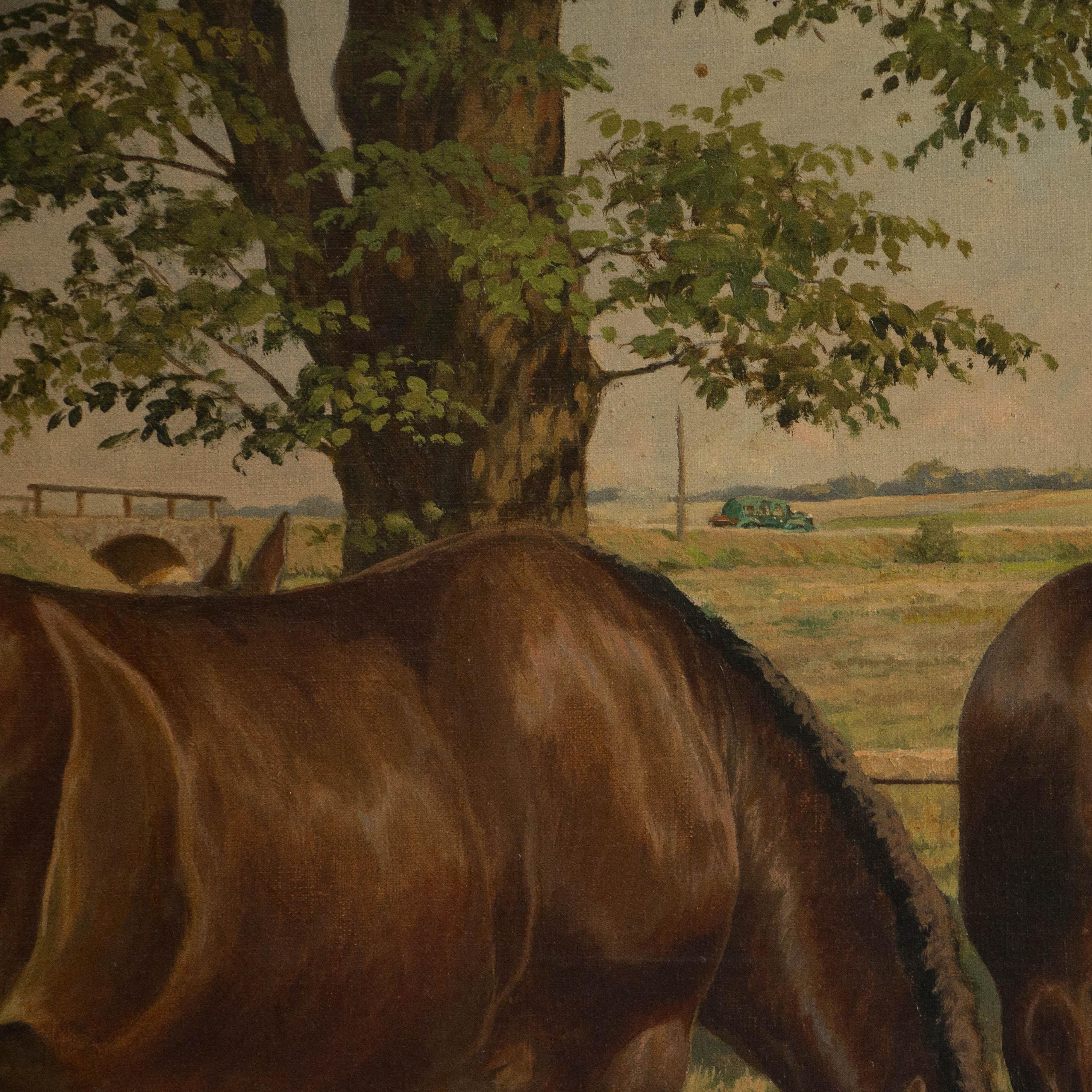 Antique Original Oil Painting of Horses Grazing, Signed Carl Hertz 2