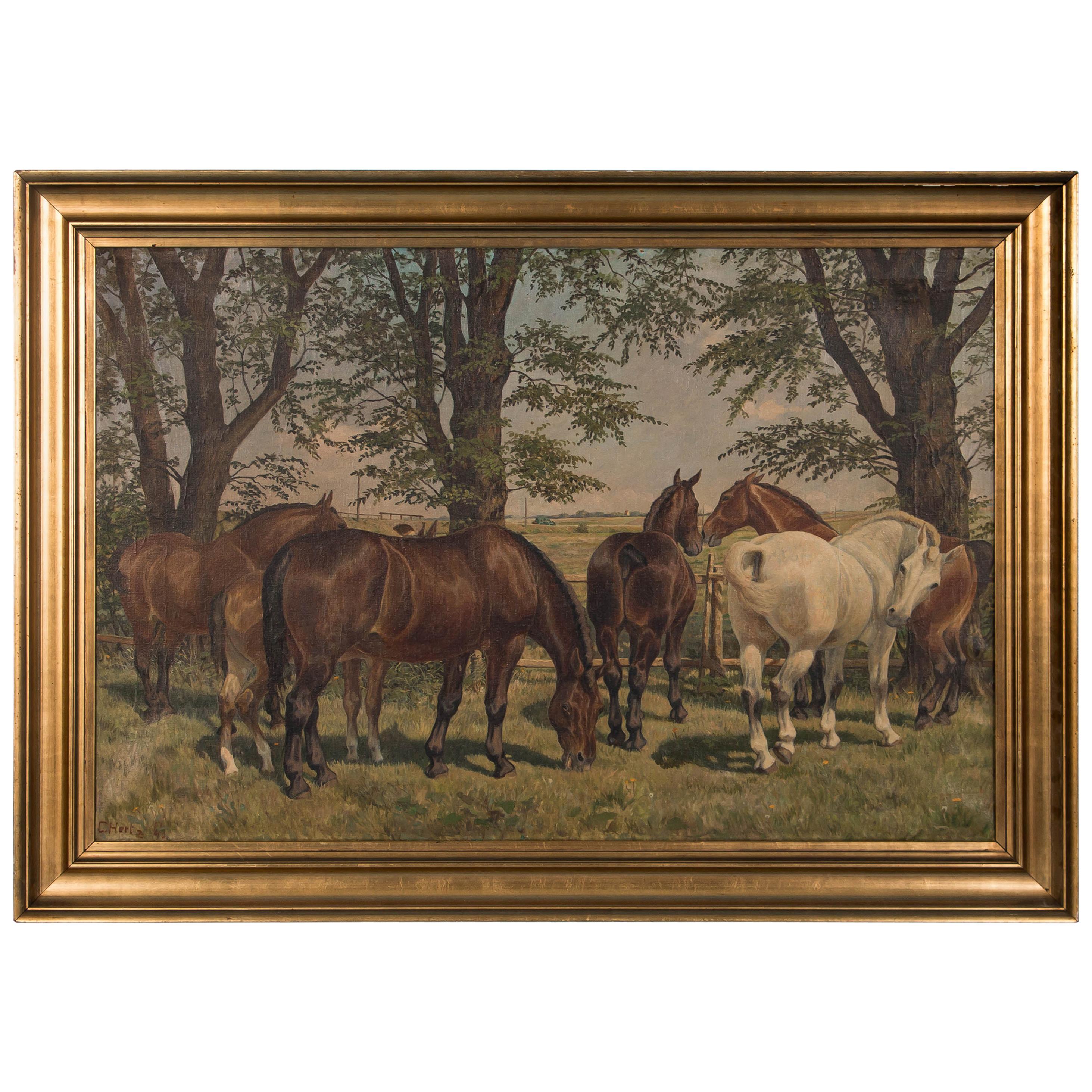 Antique Original Oil Painting of Horses Grazing, Signed Carl Hertz