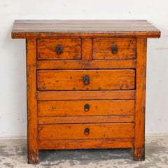 Antique Original Orange Painted Lacquered Nightstand Small Chest of Drawers, Chi