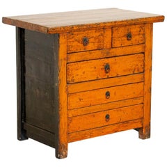 Antique Original Orange Painted Lacquered Nightstand Small Chest of Drawers, Chi