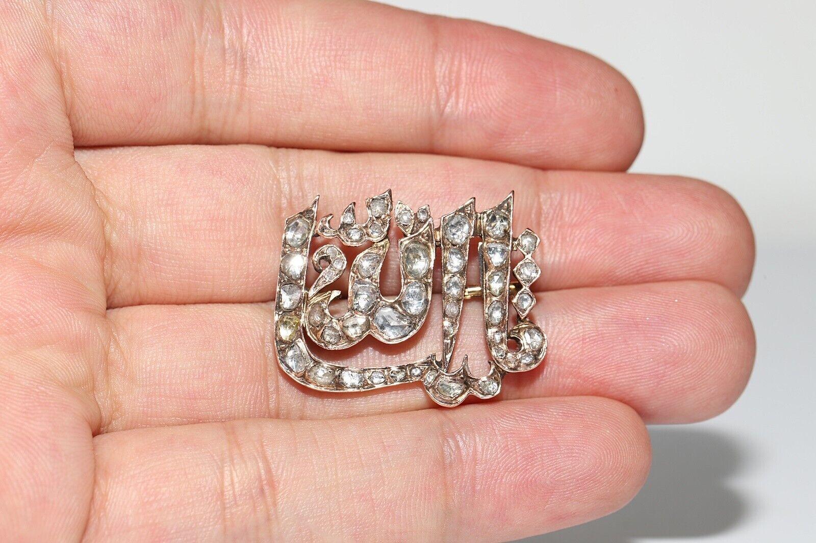 Women's or Men's Antique Original Ottoman 8k Gold Natural Rose Cut Diamond Masallah Brooche For Sale