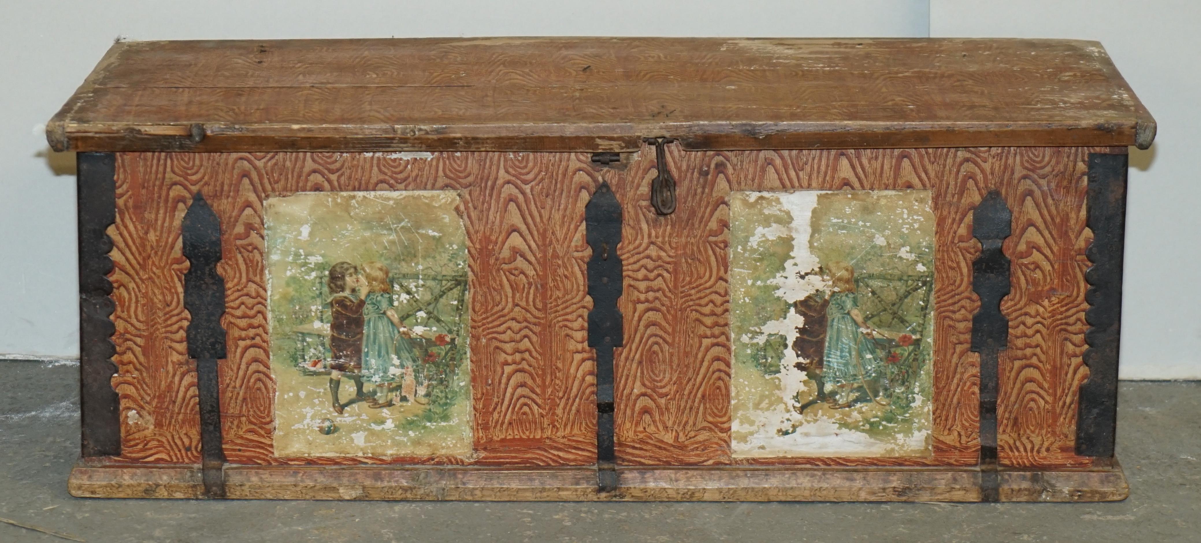We are delighted to offer for sale this stunning, circa 1900 hand painted Romanian clothes trunk or marriage coffer chest depicting Children's portraits and tiger oak paintings 

I have recently purchased a very large collection of these original,