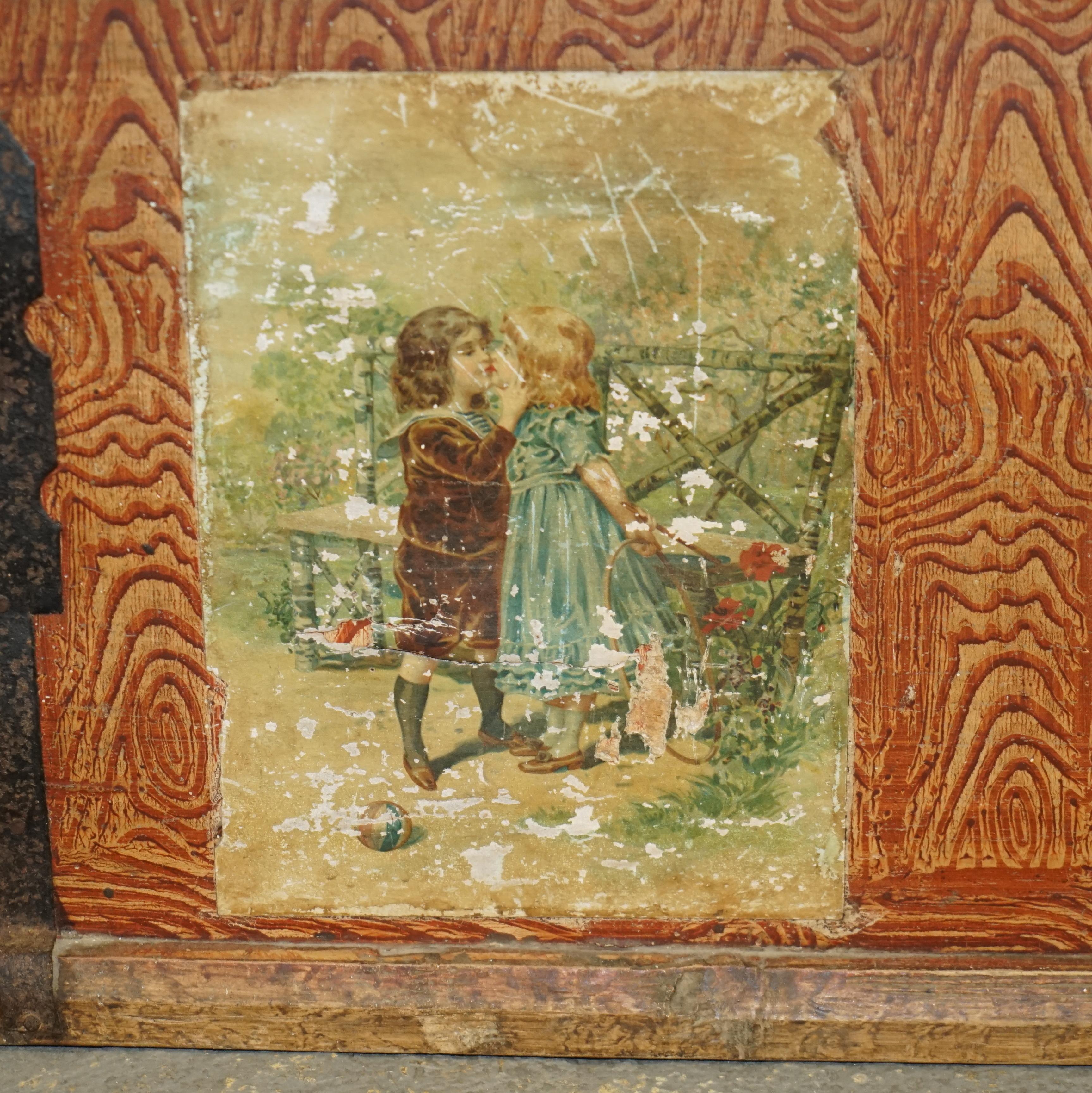 European Antique Original Paint Romanian Blanket Chest Coffer Trunk Children Pictures For Sale