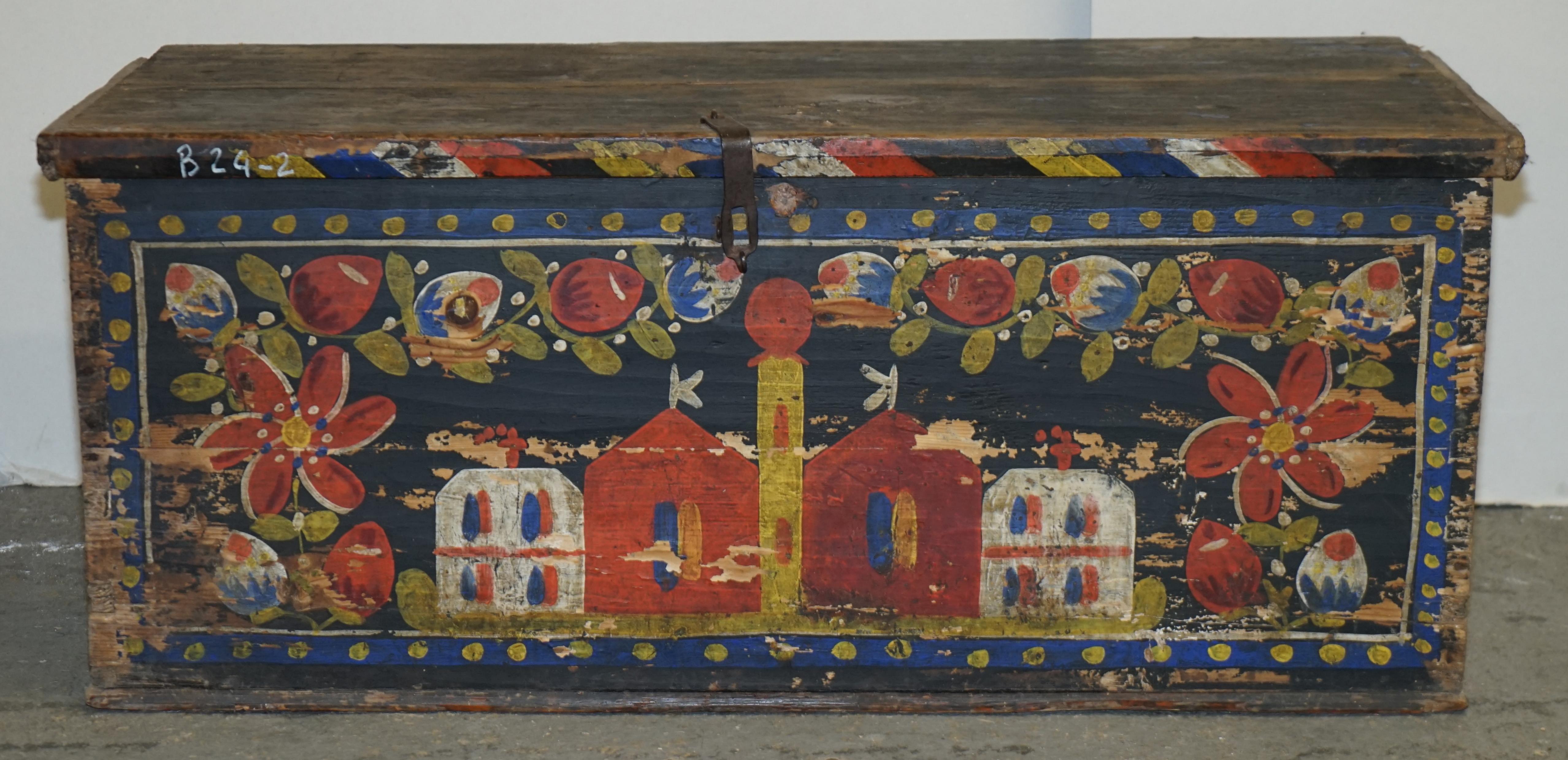 We are delighted to offer for sale this stunning, circa 1900 hand painted Romanian clothes trunk or marriage coffer chest depicting a large Church to the front

I have recently purchased a very large collection of these original, antique painted