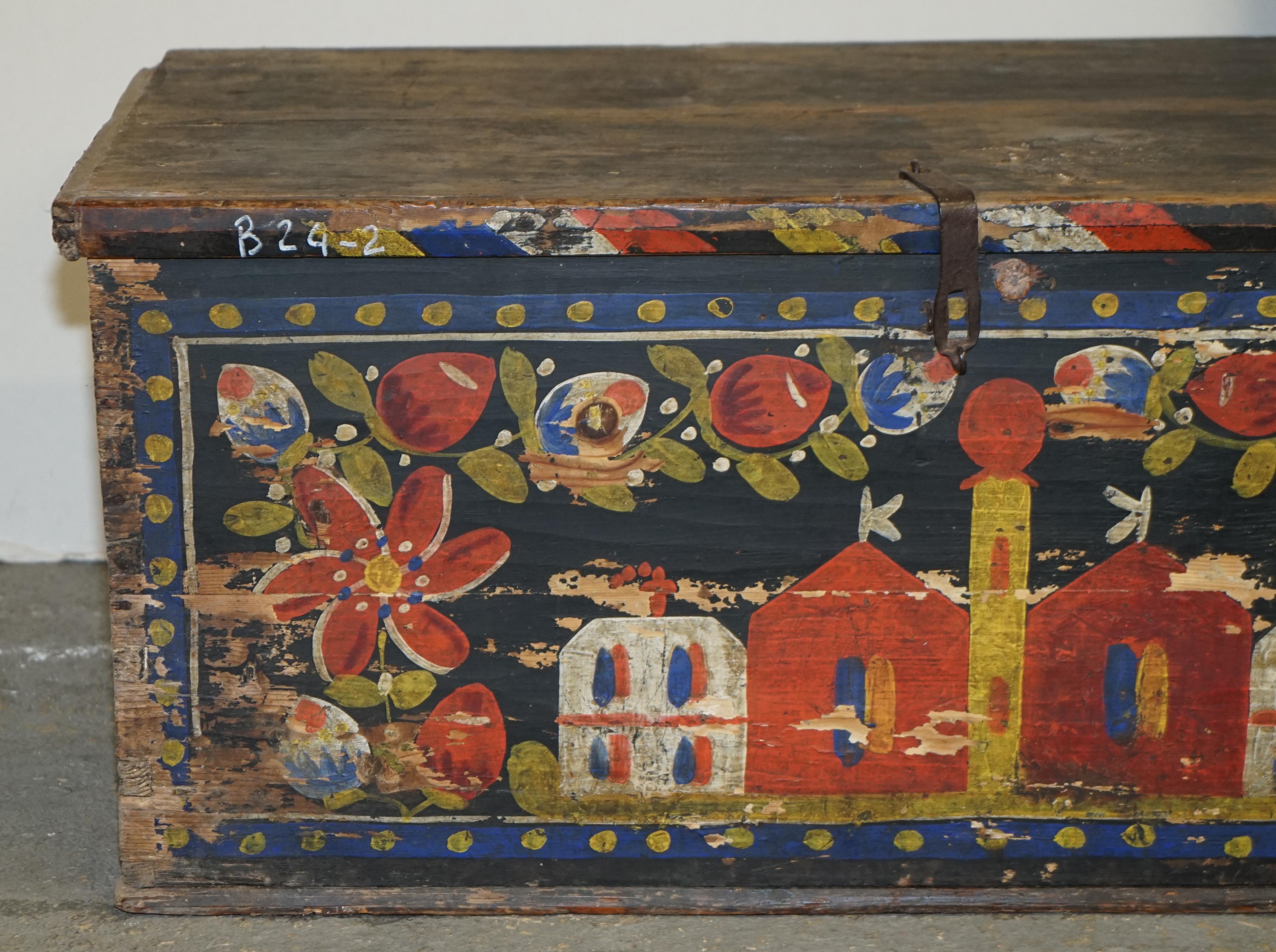 Late Victorian Antique Original Paint Romanian Blanket Chest Coffer Trunk Church Painting For Sale