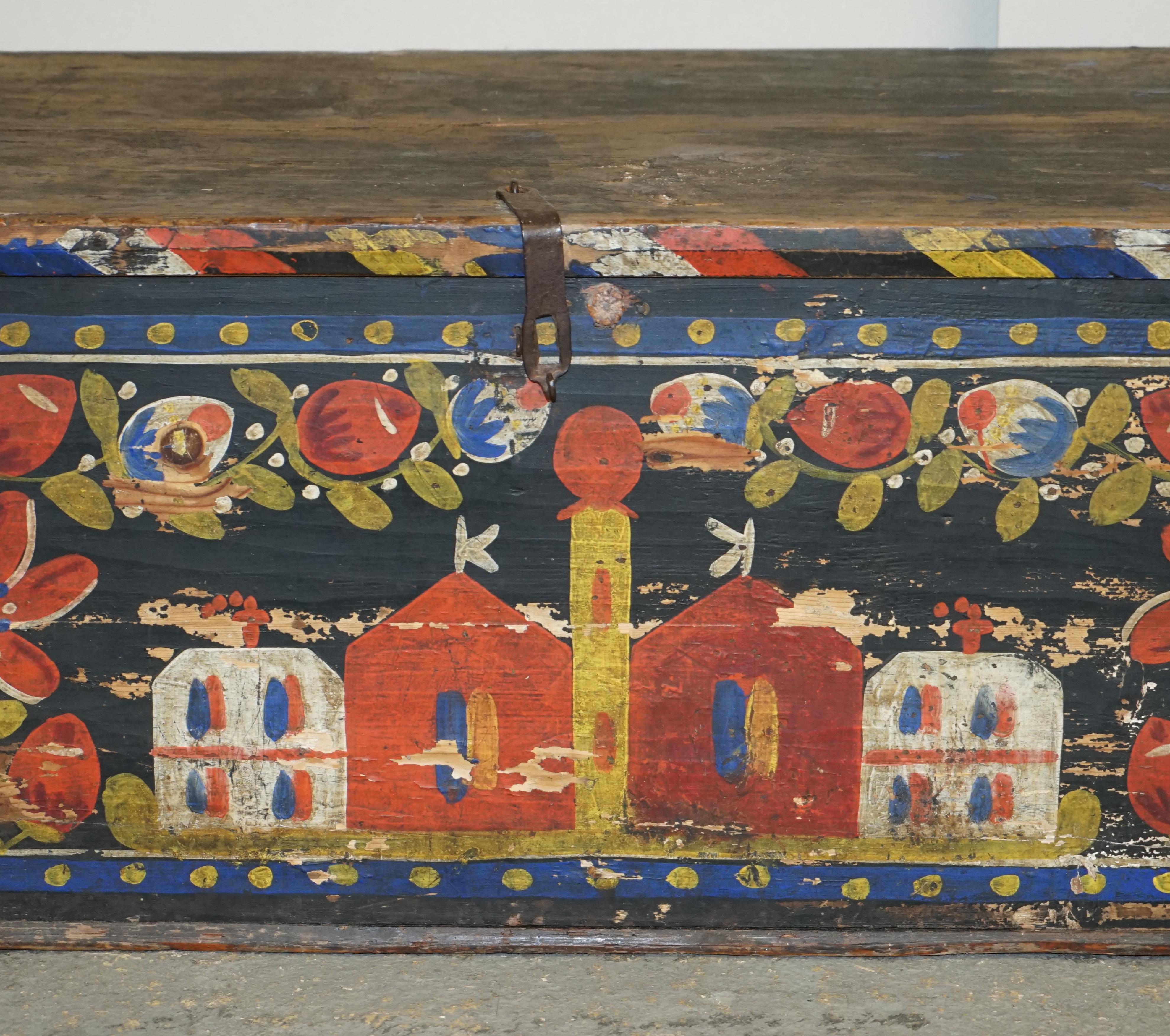 Hand-Painted Antique Original Paint Romanian Blanket Chest Coffer Trunk Church Painting For Sale