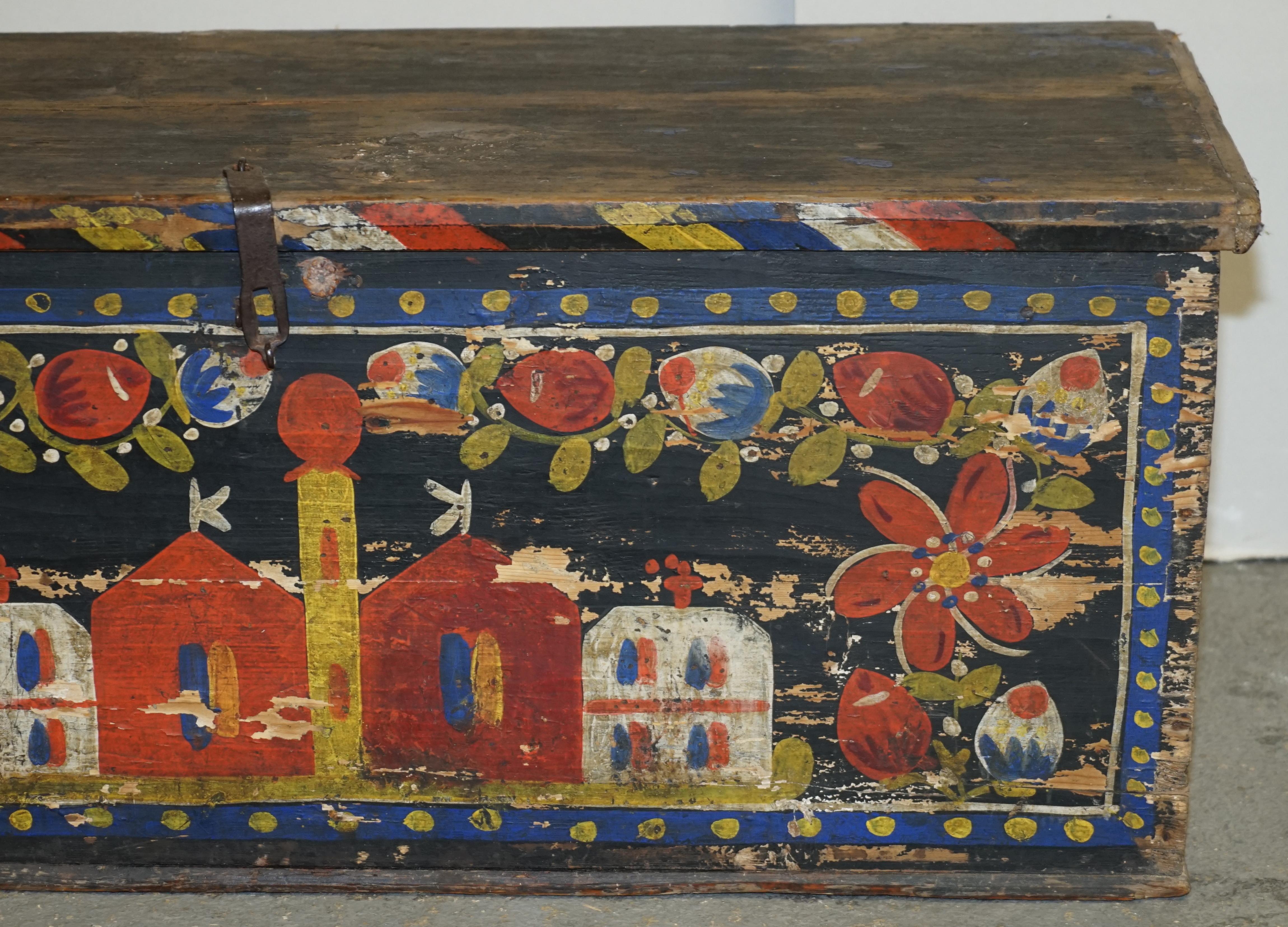 Early 20th Century Antique Original Paint Romanian Blanket Chest Coffer Trunk Church Painting For Sale