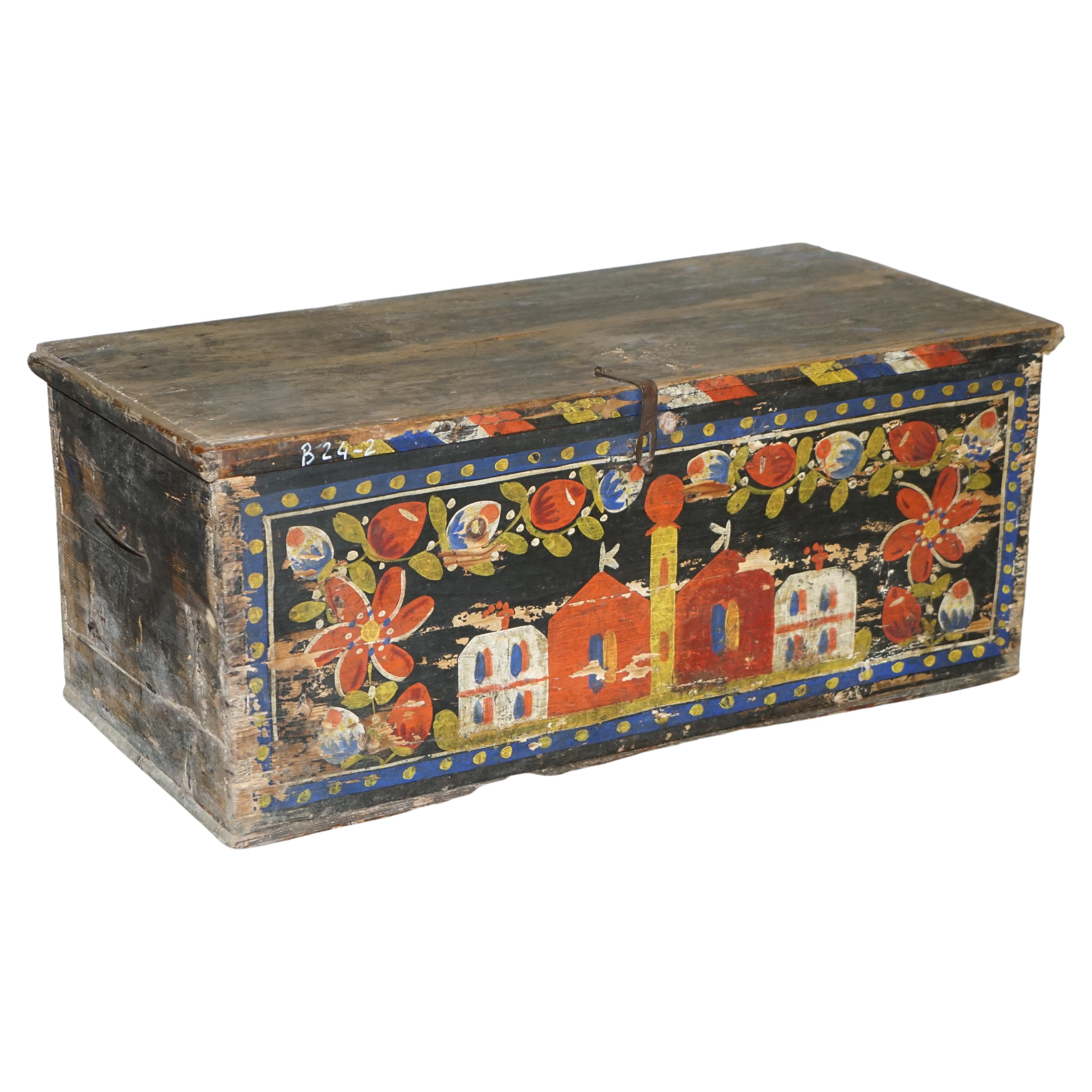 Antique Original Paint Romanian Blanket Chest Coffer Trunk Church Painting For Sale