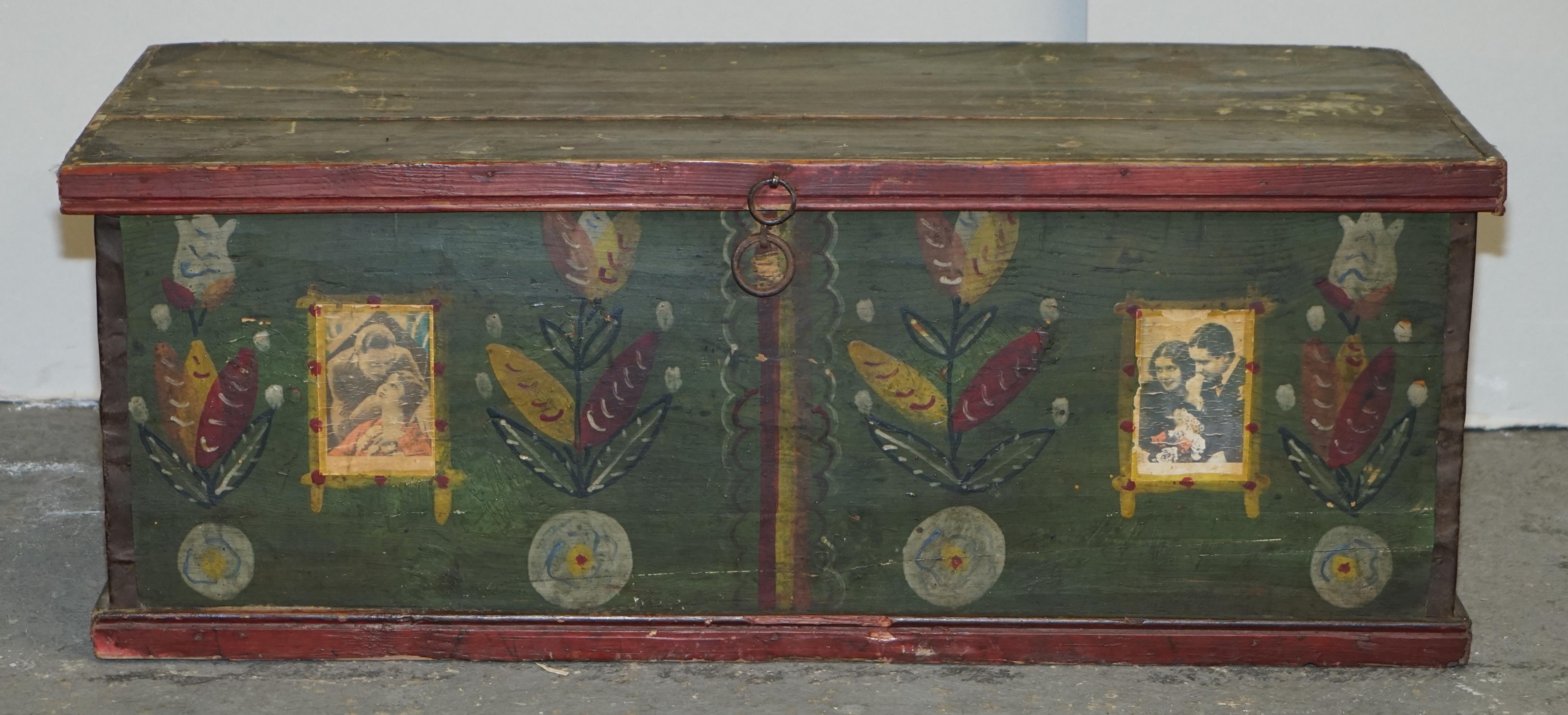 We are is delighted to offer for sale this stunning, circa 1900 hand painted Romanian clothes trunk or marriage coffer chest depicting married couple portraits and tulip paintings 

I have recently purchased a very large collection of these