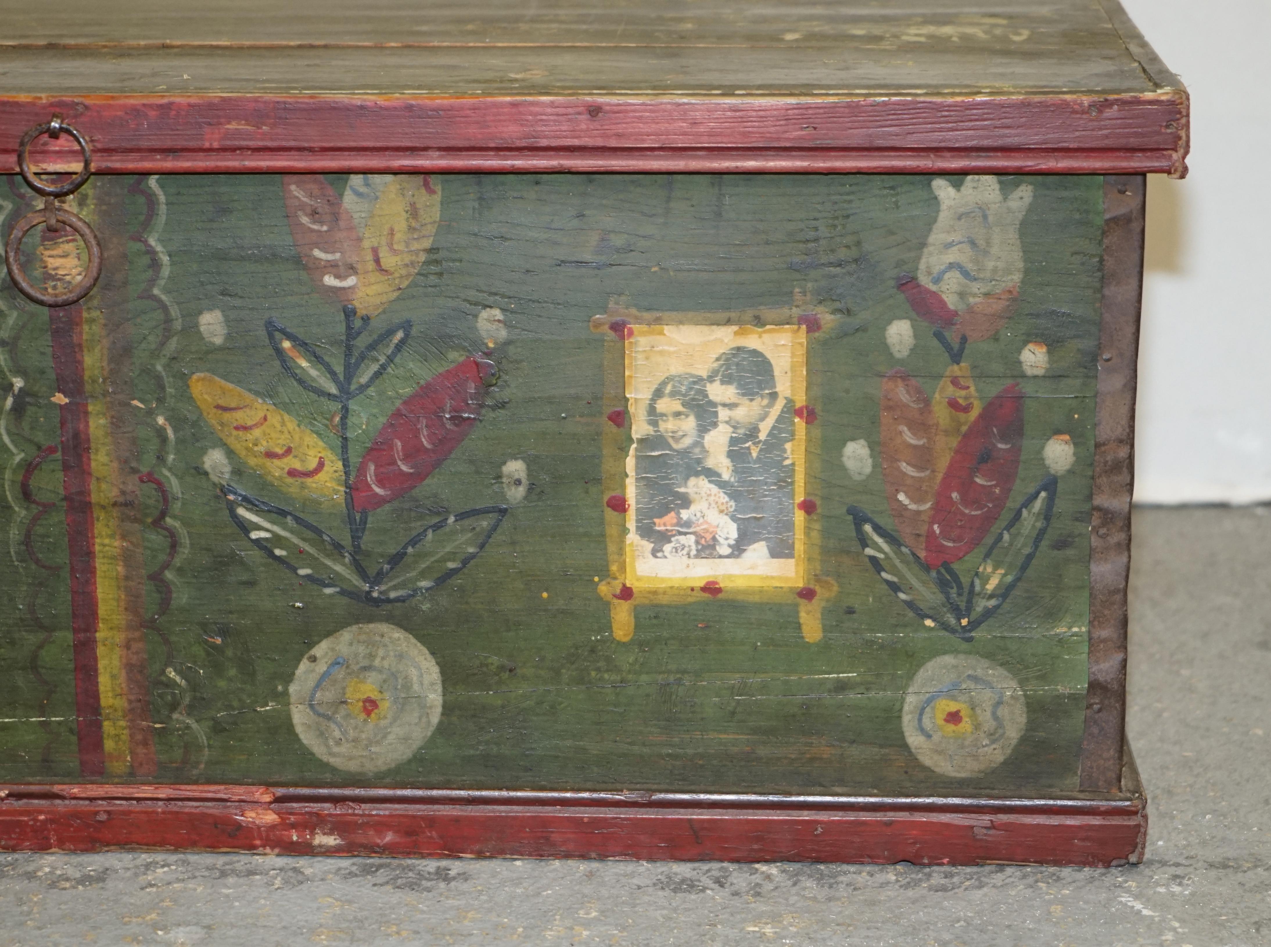 Early 20th Century Antique Original Paint Romanian Blanket Chest Coffer Trunk Married Couples For Sale