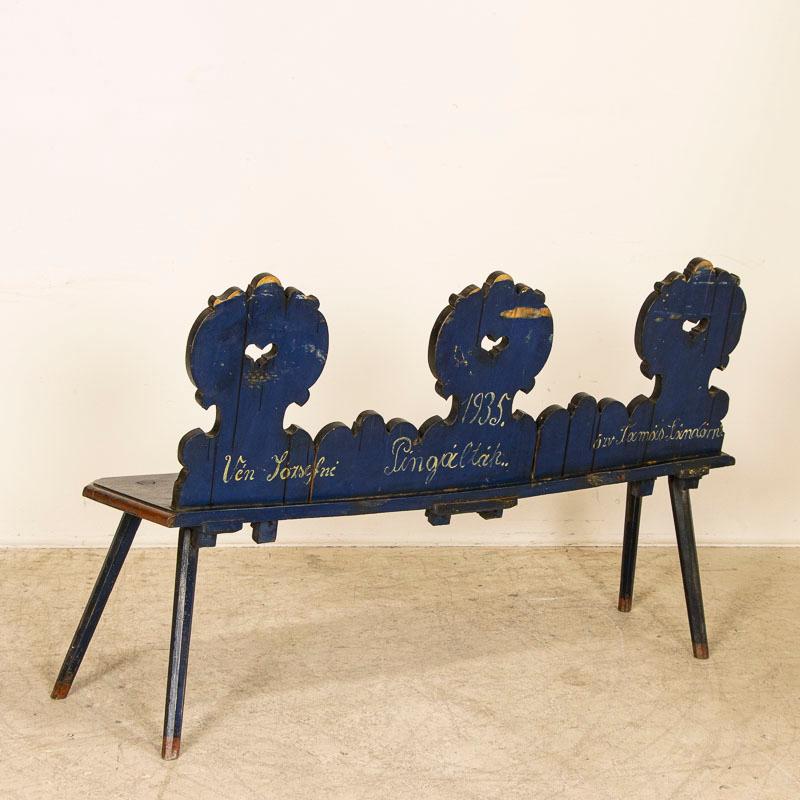 Hungarian Antique Original Painted Bench with Bright Flowers, Splay Legs and Heart Cut Out