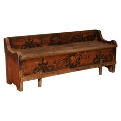 Antique Original Painted Bench with Interior Storage and Painted Trees