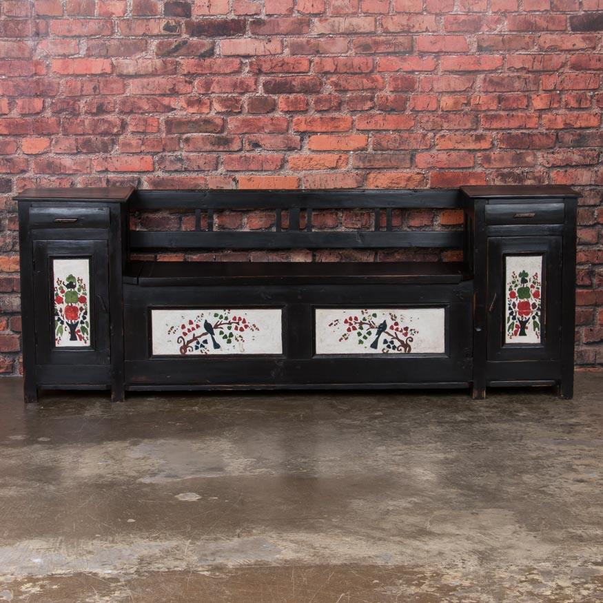 Romanian Antique Original Painted Black Bench with Additional Cabinet/Drawer Storage