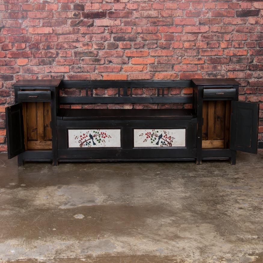 Antique Original Painted Black Bench with Additional Cabinet/Drawer Storage In Excellent Condition In Round Top, TX