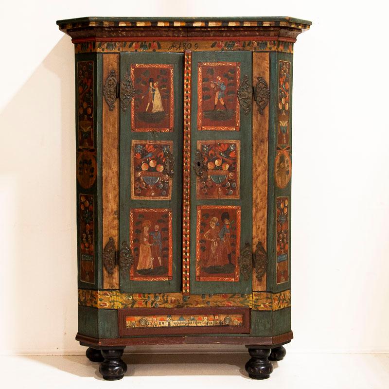 German Antique Original Painted Break Down Armoire with Figures, Birds and Flowers from