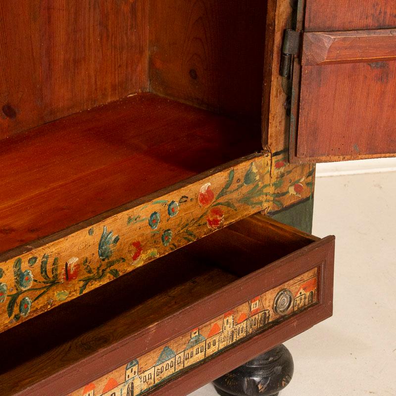 Wood Antique Original Painted Break Down Armoire with Figures, Birds and Flowers from