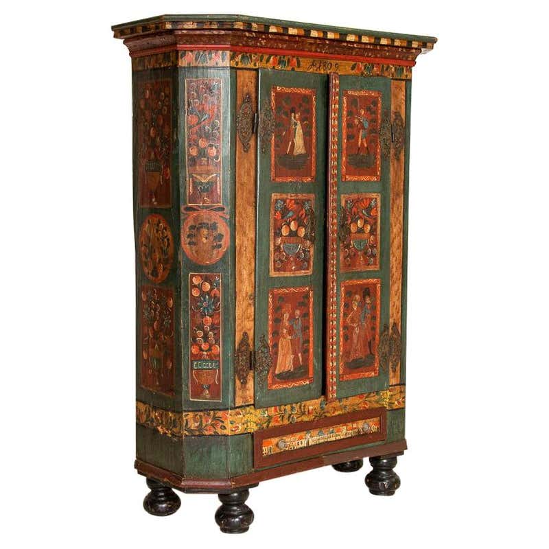Antique Original Hand Painted Narrow Armoire with Birds, Flowers and ...