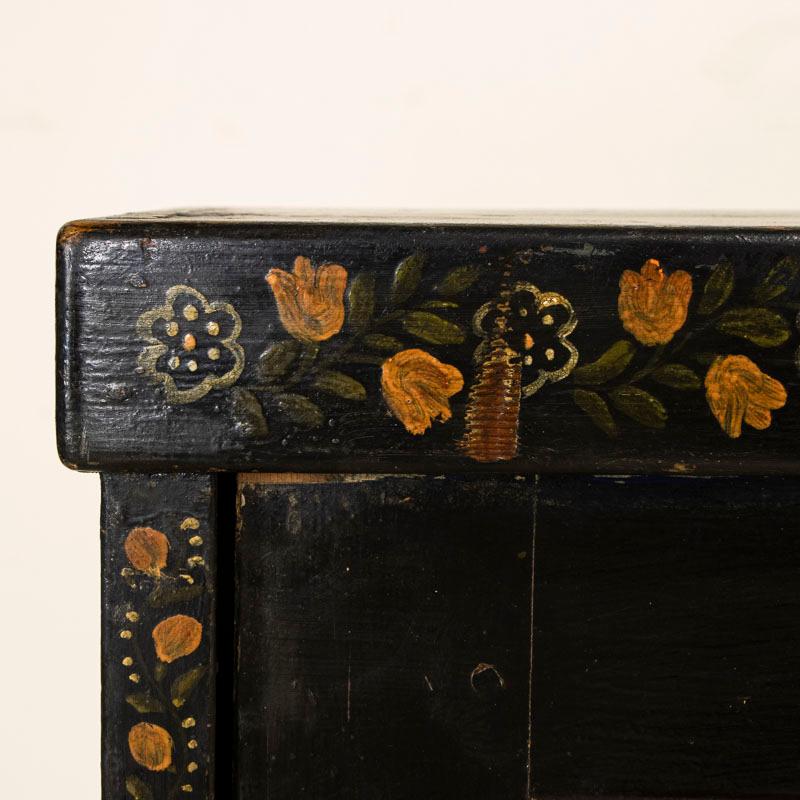 Antique Original Painted Dark Blue Narrow Small Cupboard with Yellow Flowers 4