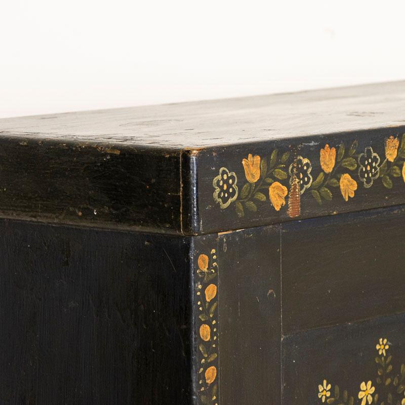 Antique Original Painted Dark Blue Narrow Small Cupboard with Yellow Flowers 5