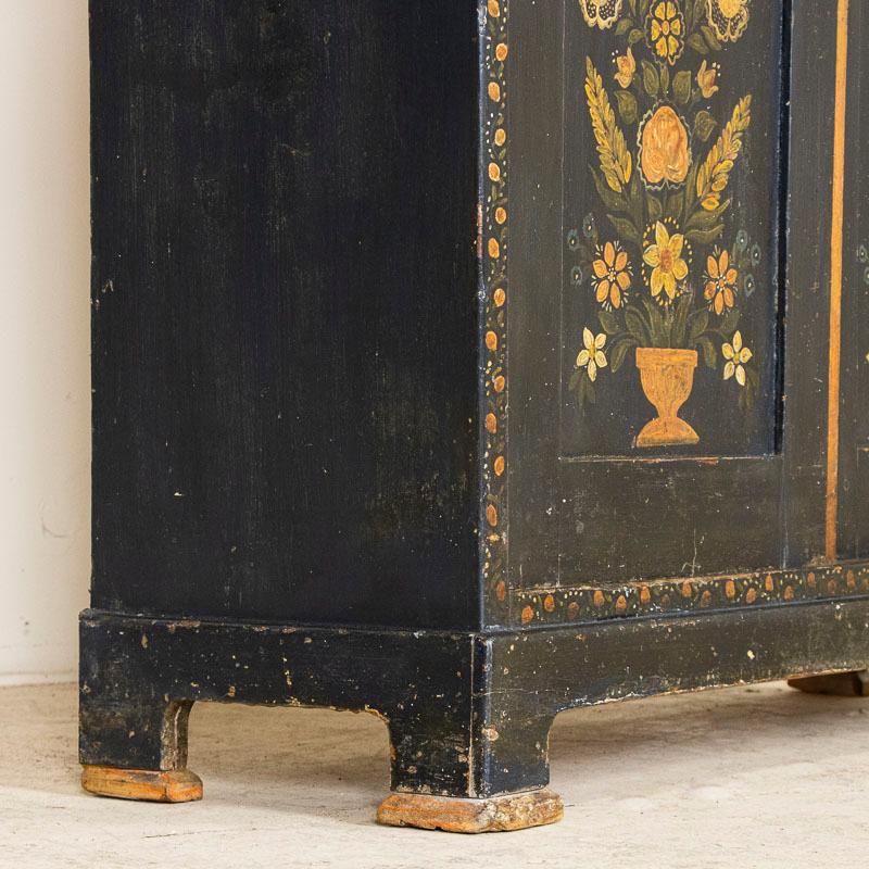 Antique Original Painted Dark Blue Narrow Small Cupboard with Yellow Flowers 6