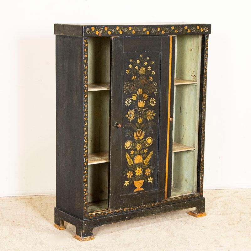 Swedish Antique Original Painted Dark Blue Narrow Small Cupboard with Yellow Flowers