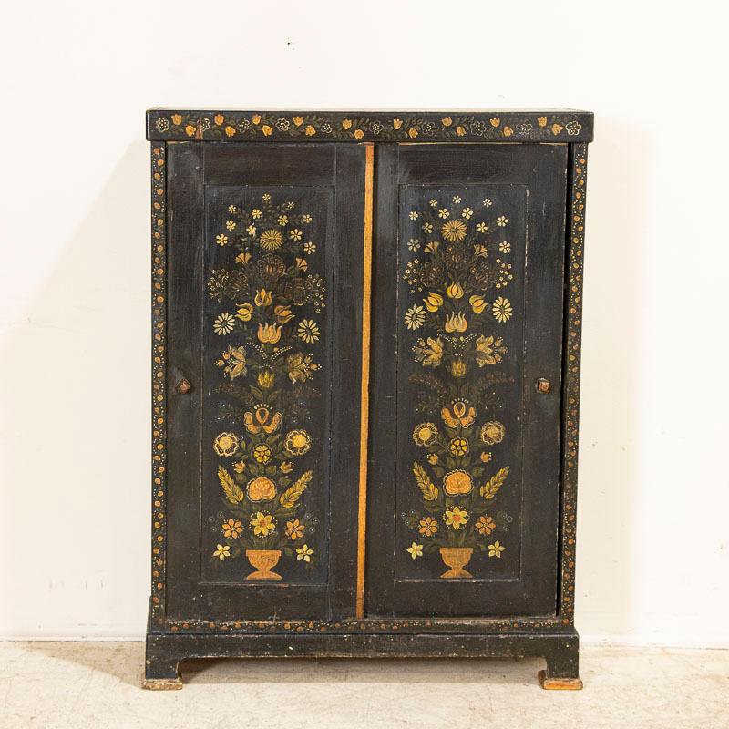 Antique Original Painted Dark Blue Narrow Small Cupboard with Yellow Flowers In Good Condition In Round Top, TX
