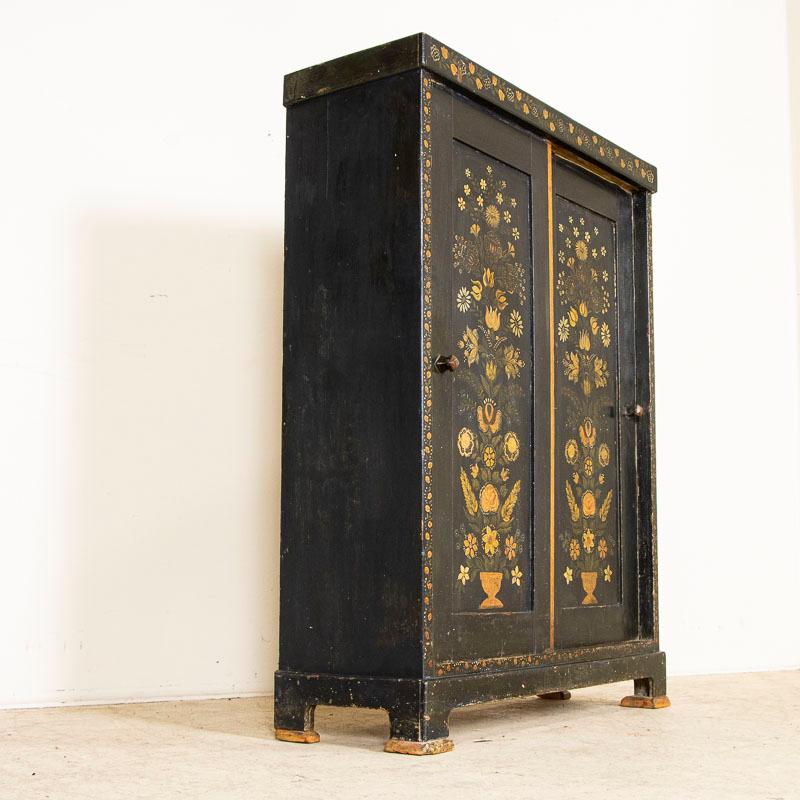 Wood Antique Original Painted Dark Blue Narrow Small Cupboard with Yellow Flowers