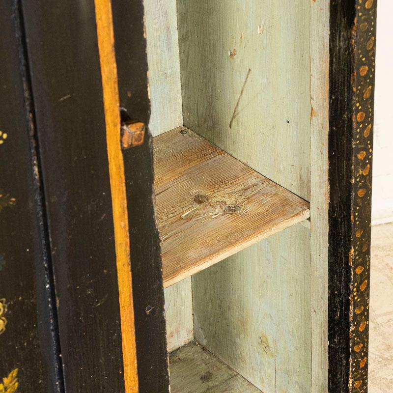 Antique Original Painted Dark Blue Narrow Small Cupboard with Yellow Flowers 1
