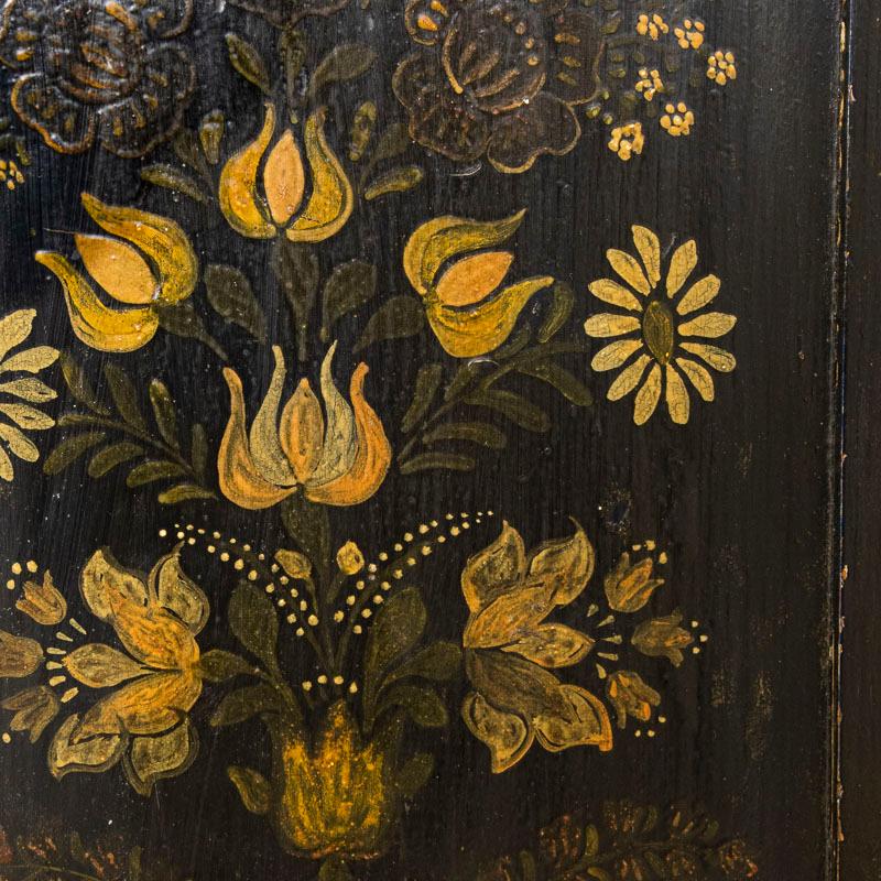 Antique Original Painted Dark Blue Narrow Small Cupboard with Yellow Flowers 2