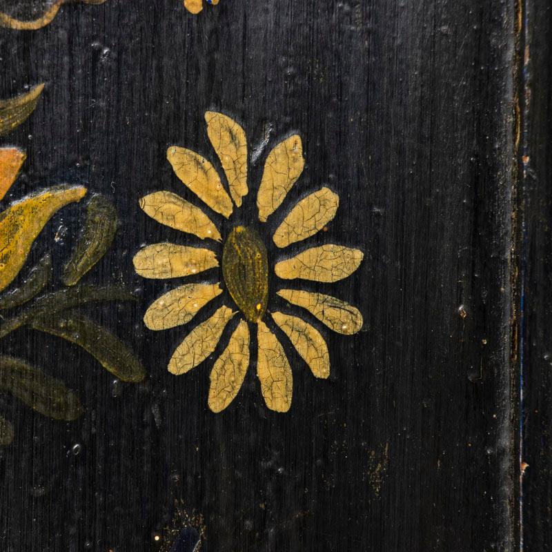 Antique Original Painted Dark Blue Narrow Small Cupboard with Yellow Flowers 3