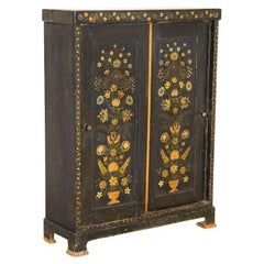 Antique Original Painted Dark Blue Narrow Small Cupboard with Yellow Flowers