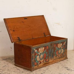 Antique Original Painted Flat Top Trunk with Bright Floral Bouquets