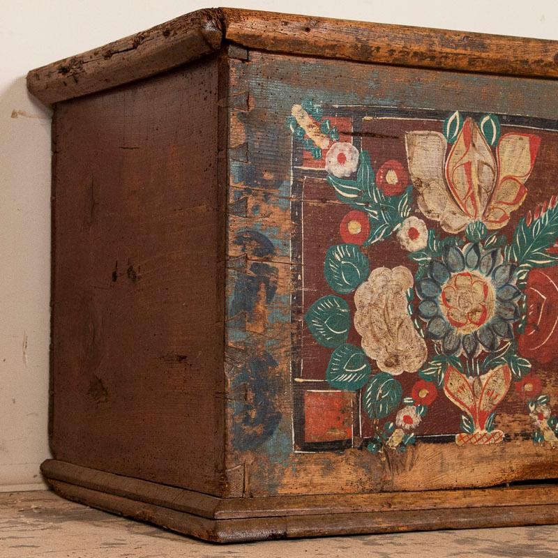 19th Century Antique Original Painted Flat Top Trunk with Bright Floral Bouquets
