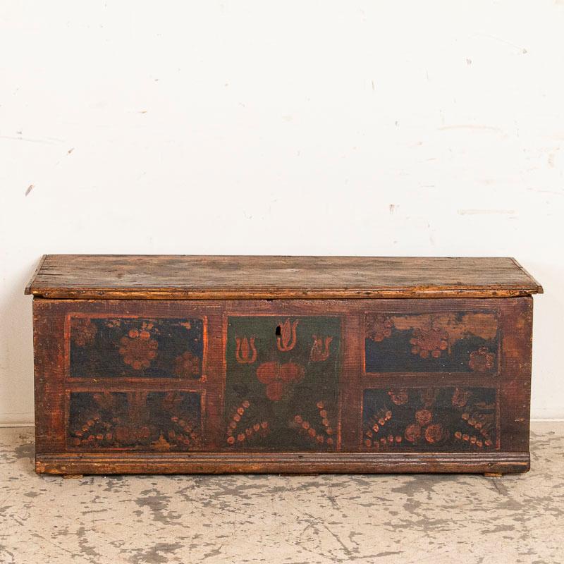 Romanian Antique Original Painted Flat Top Trunk with Hand Painted Flower Motif