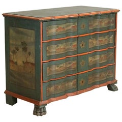 Antique Original Painted Large Chest of Drawers with Country Houses in Lanscape