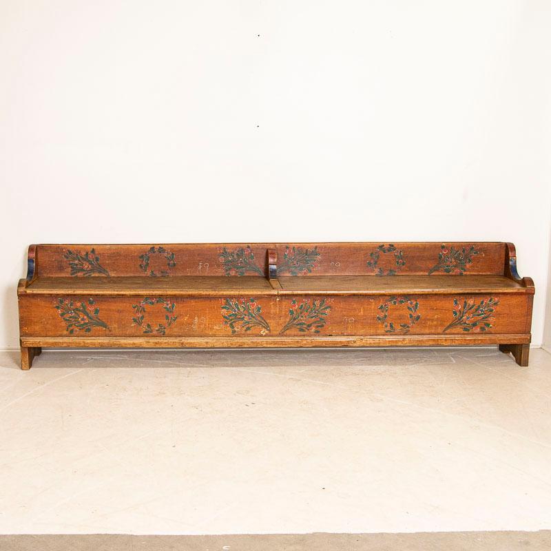 Romanian Antique Original Painted Long Bench with Storage from Romania