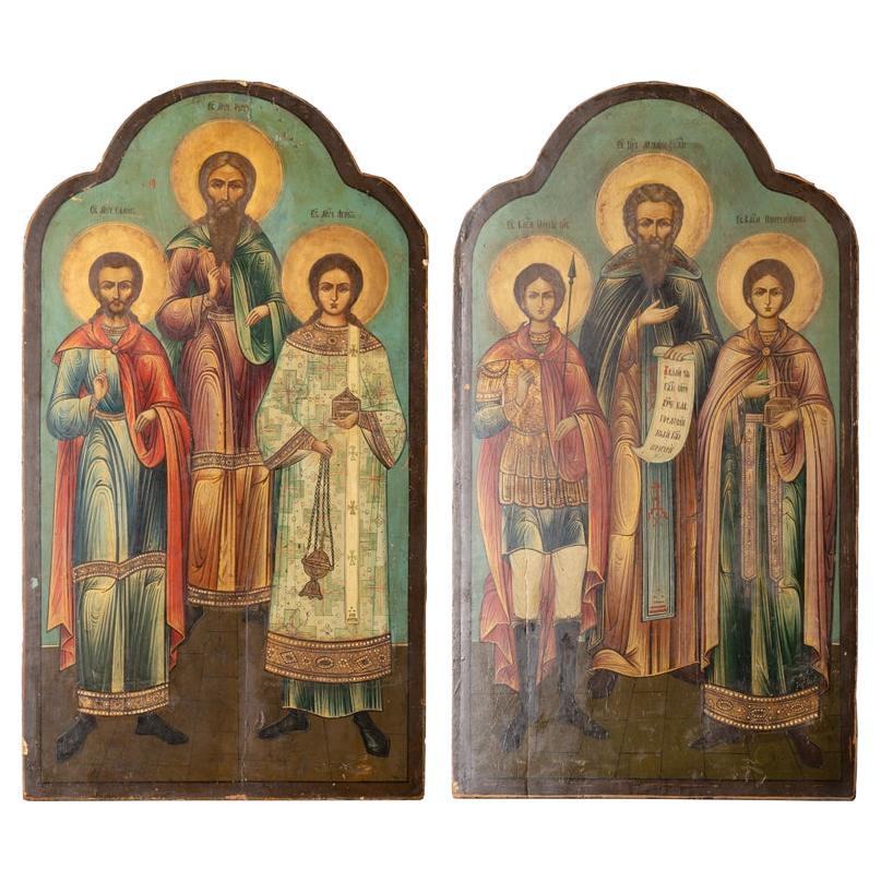 Anciennes figures russes peintes d'origine peintes sur panneaux de bois, années 1900 en vente