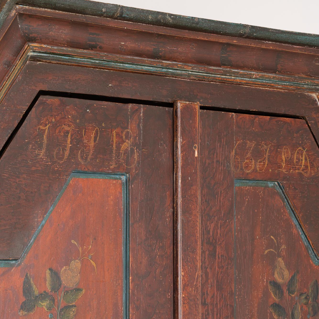 Antique Original Painted Swedish Armoire with Flowers Dated 1863 at 1stDibs