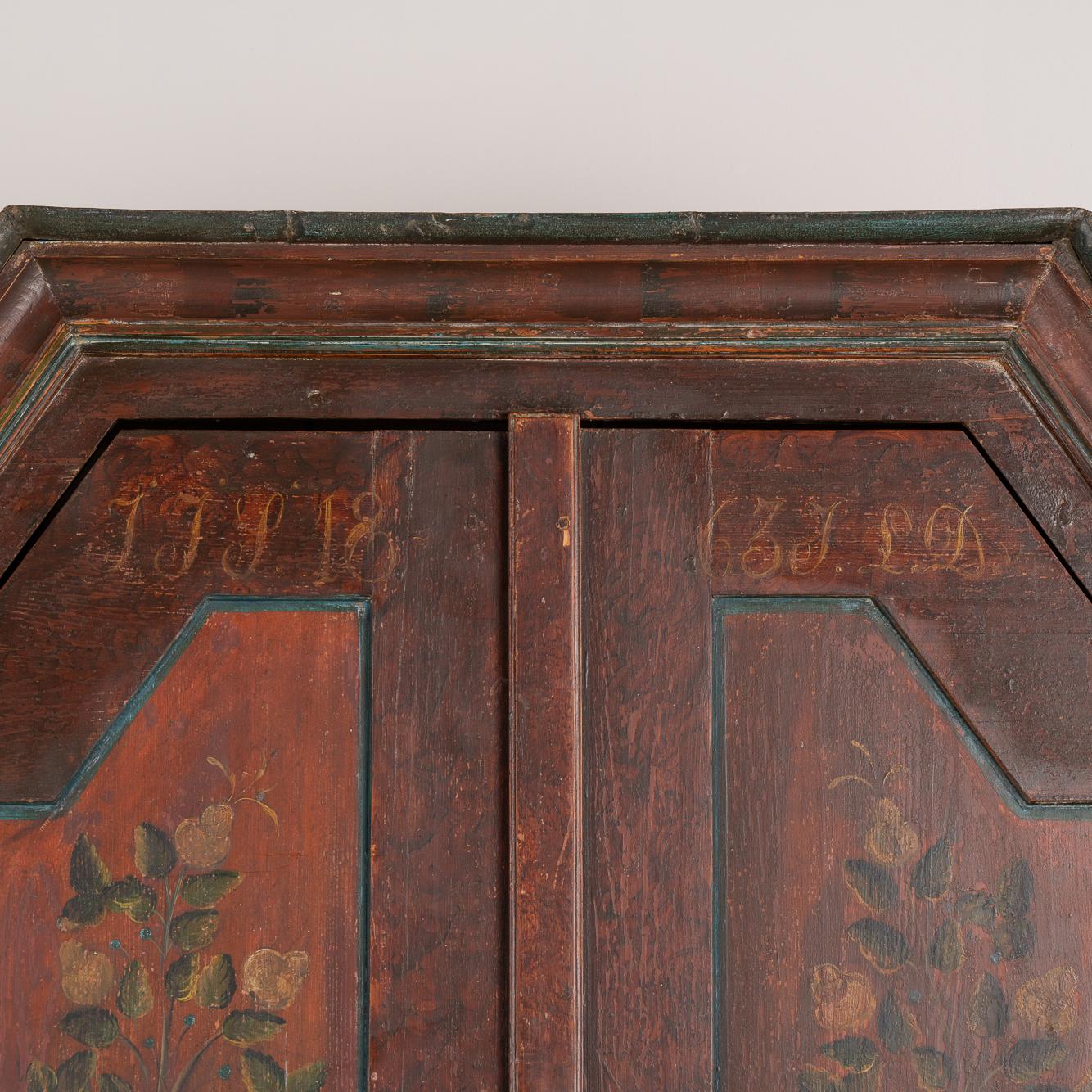Antique Original Painted Swedish Armoire with Flowers Dated 1863 at 1stDibs